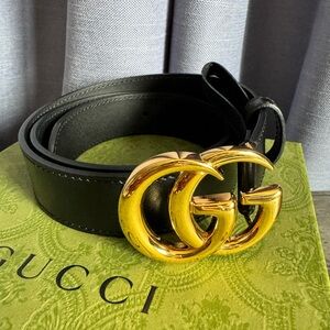 Authentic Gucci Black Leather Belt with Gold GG Buckle